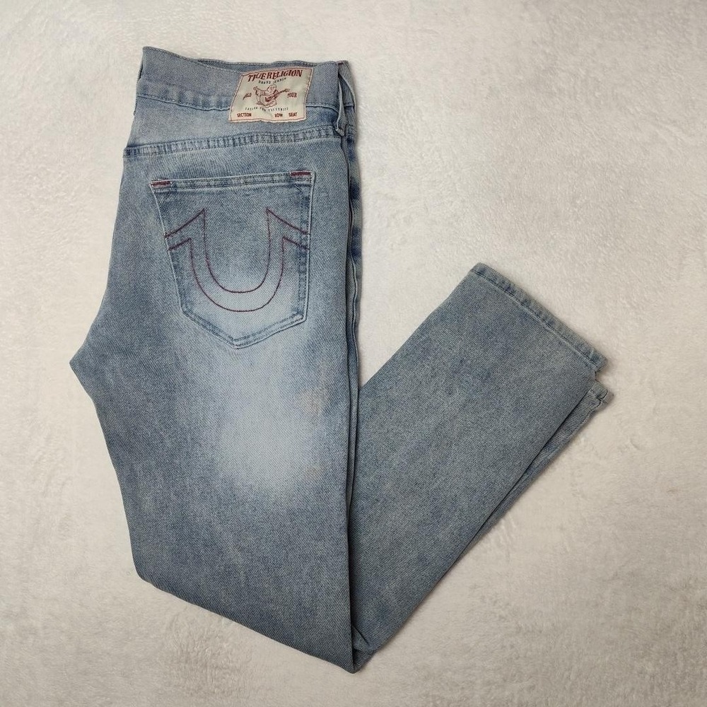 True Religion Jeans Mens 36x32 Blue Rocco Relaxed Skinny Light Wash Denim